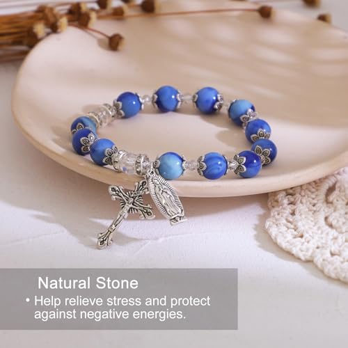 Komi Gemstone Beaded Stretch Bracelet 10Mm Round Beads Catholic Rosary Bracelet With Crucifix & Guadalupe Medal, Beads Bracelet For Women Catholic Religious Jewelry thumb #1