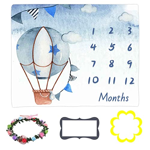 Image of Blue Baby Monthly Milestone Blanket, Cartoon Hot Air Balloon Star Newborn Photo Blanket, 48x40 Inches