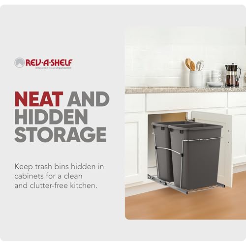 Image of Rev-A-Shelf RV-18KD-13C-S Double Pullout Trash Can for Kitchen Cabinets 35 Quart Garbage Recycling Bin on Full Extension Slides, Gray