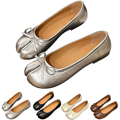 Women Bow Decorated Low Top Split Toe Ballet Flat Low Top Split Toe Orthopedic Casual Comfortable Walk Vintage Round Toes (Silve