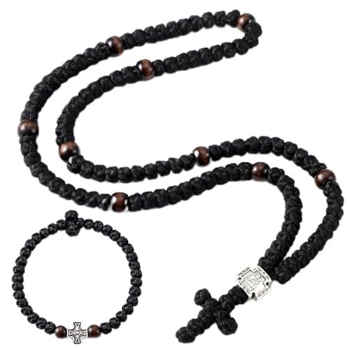 Landical 2 Pcs Chotki Orthodox Prayer Rope 100 Knots with Christian 33 Knots Handmade Bracelet Charm Greek Rosary Protection Blessing Cross Gifts Tassel Car Hanging Home Ornament(Silver Fashion Style)