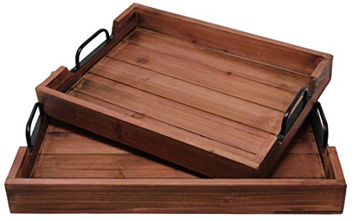 2 Pie­ce Decorative Nested Vintage Wood Serving Tray Set for Coffee Table or Ottoman – Rustic Wooden Breakfast Trays for Kitchen Dining Room or Living Room – Farmhouse Platter w Handles - Cherry