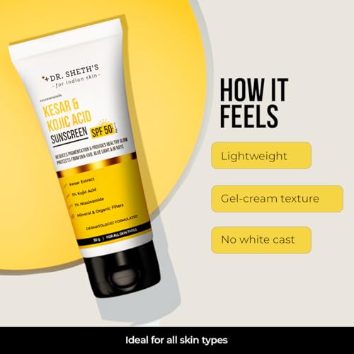 Image of Dr. Sheth's Kesar & Kojic Acid Sunscreen SPF 50+ Pa++++ |In-Vivo Tested | For Pigmentation-Free Skin | Lightweight & Non Greasy | For UVA /UVB & Blue Light & IR Protection | No White Cast | For All Skin Types | For Men & Women | 30 g
