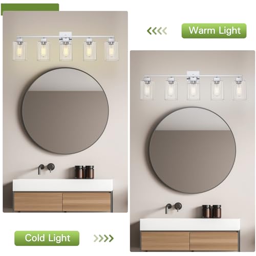 Image of 5 Light Bathroom Vanity Light - Chrome Bathroom Light Fixtures Square Design & UL Certification, 31 Inch Bath Room Light Fixtures Over Mirror for Living Room & Bedroom & Restroom