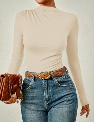 ZESICA Women's Long Sleeve Tops Mock Neck Ruched Tight Shirts 2025 Fall Trendy Outfits2