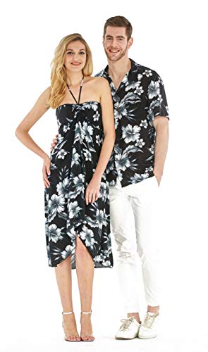 Couple Matching Hawaiian Luau Party Outfit Set Shirt Dress in Black Rafelsia3