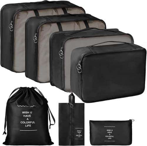 Image of 7 Pcs Travel Organizer Bag Set for Luggage | Waterproof Packing Cubes for Clothes, Shoes & Toiletries | Foldable Travel Storage Bags for Men & Women | Black Travel Pouch Set (BLACK)