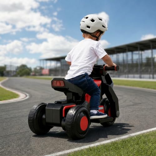 Image of StarAndDaisy Electric Ride-On Bike for Kids, Toddlers & Baby - 3 Wheel Rechargeable 6V Motorcycle with LED Lights, Bluetooth, USB, Foot Acceleration and Comfortable Seat (Red)