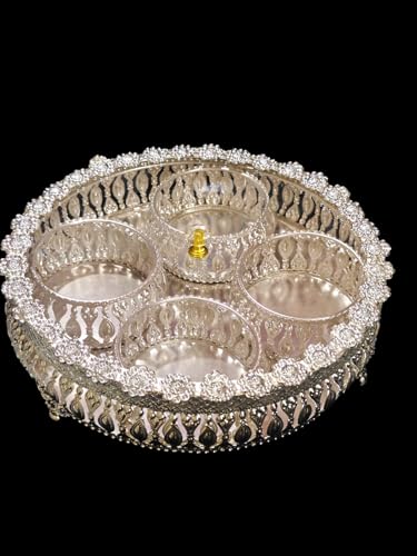 Image of Trend Overseas German Silver Round 4 Bowl Set with Lid & Tray | Crystal Knob Dry Fruit & Sweet Server | Elegant Home Decor, Festive & Wedding Return Gift