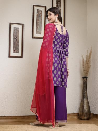 Stylum Women's Ethnic Motif Rayon A-Line Kurta Palazzo Dupatta Set (Kpdvoilnaaz42_Violet, Xl)