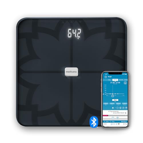 medisana BS 450 connect Báscula digital corporal, Báscula personal, Báscula de grasa corporal con aplicación, Medición de grasa corporal, Agua corporal, Masa muscular y peso óseo, Negro