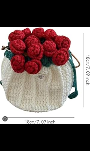 Image of RHC Handmade Crochet Bucket Bag with 3D Red Rose Floral Embellishment, White, Medium, Women's Crossbody Handbag 18x18