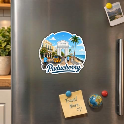 Image of Puducherry Theme Souvenir Wooden Fridge Magnet for Refrigerator - Printed Fridge Magnet for Kitchen & Fridge Decor | Perfect Souvenir Gift | Fridge Decoration | Size 3x3 Inches | Pack of 1
