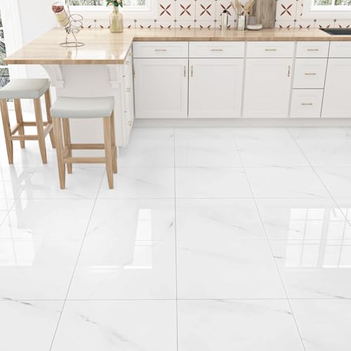 WESTICK 20 Pcs White Marble Peel and Stick Floor Tile Bedroom Living Room Ground Decoration Vinyl Flooring Peel and Stick Non-Slip Waterproof 12 x 12 Inches