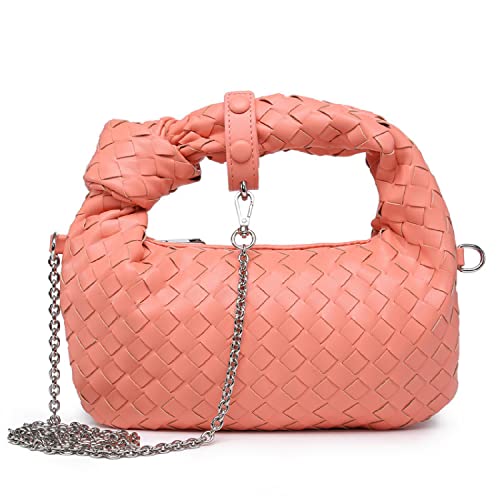 Damen Umhängetasche Mini PU Leder Gewebte Handtasche Mit Kette, Mode Multifunktions Clutch Umhängetasche Einkaufstasche,Rosa,One Size Cover