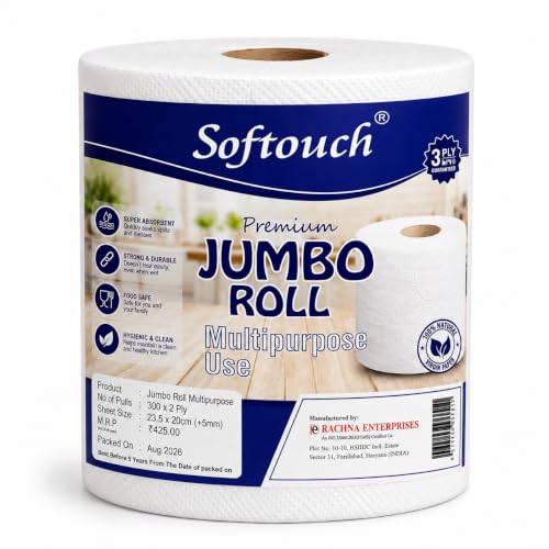 Softouch 3 Ply Kitchen Tissue Paper Roll Jumbo, Super Absorbent & Strong Kitchen Towel Roll, Multipurpose Paper Napkin for Oil, Water & Grease, Ideal for Home, Kitchen, Dining & Cleaning – 300 Pulls