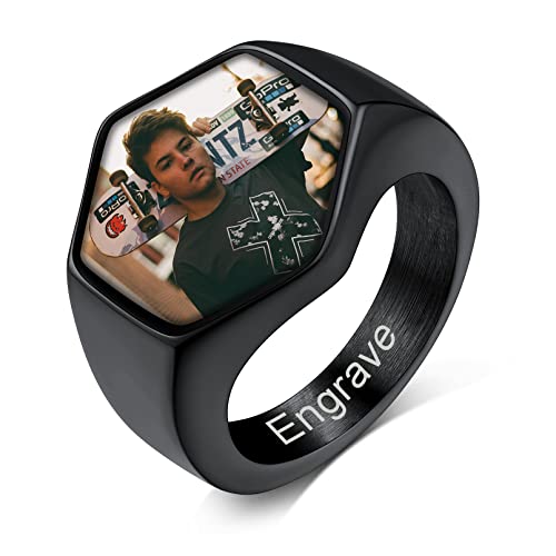 Custom4U Personalized Rings with Pictures Inside Custom Photo Ring Name Engraving Stainless Steel Signet Ring/Heart Ring Size 7-14 Customized Memorial Jewelry for Men Women (Gift Box) J-Hexa