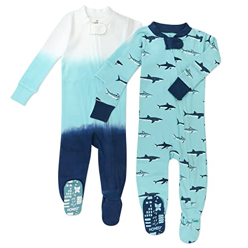 Image of HonestBaby Non-Slip Footed Pajamas One-Piece Sleeper Jumpsuit Zip-Front 100% Organic Cotton PJs for Baby Boys (LEGACY), Sharks, 12 Months