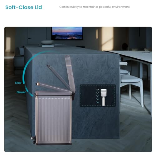 Image of Home Zone Living 8 Gallon Kitchen Trash Can with Slim Fit Design | Stainless Steel with Soft-Close Step Pedal Lid, Bag Tuck Band for Easier Bag Changes, Rectangular Shape, Reeded Style, Silver
