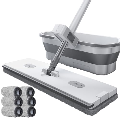 Juego de fregona plana y cubo, fregona giratoria de 360° con almohadillas de microfibra, limpieza eficaz para suelos de madera dura, laminados y azulejos