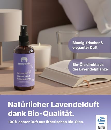 Emma Grün® Lavendelspray & Kissenspray 100ml [BIO-QUALITÄT] - Lavendelspray für Kopfkissen - Mit Naturreinem Lavandula Angustifolia - Lavendel Kissenspray zum Einschlafen - Lavendelöl Spray