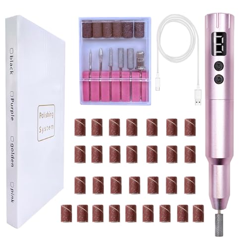 Nail Drill Kit Electric Rechargeable Set Cordless Nail Art Grinding Machine Compact Professional Nail File for Gel Manicure Pedicure Polishing Tool Household,Nail Removal Machine (Metallic Pink)