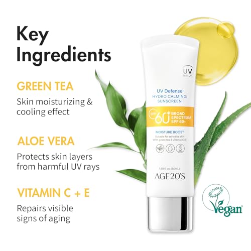 Image of AGE20'S UV Defense Hydro Calming Sunscreen SPF 60+ | Korean Sunscreen | Moisturizing Creamy Formula, No White Cast, Lightweight Finish | Green Tea + Aloe Vera | Dermatest Excellent | 1.69 fl.oz*2ea | UV Defense