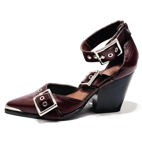 MAVMAX Strappy Heels Western Sandals for Women Chunky Heel Pumps Thick Closed Pointed Toe Heels Metal Buckle Strappy Shoes