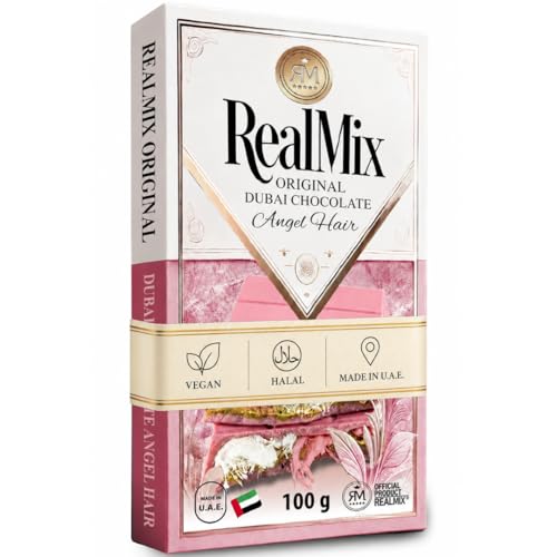 REALMIX Chocolate de Dubái Directamente Desde Dubái EAU - Auténtica Barra de Chocolate Blanco con Pistachos y Angel Hair - Exquisito Chocolate Dubai (100g, Rosa)