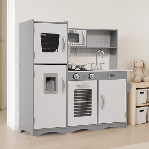 おままごと キッチン 木製 台所 調理器具付き 製氷機 オーブン 電子レンジ パン焼き機 黒板 調味料 野菜 コンロミニキッチン おもちゃキッチン ギフトボックス付き(D-白)