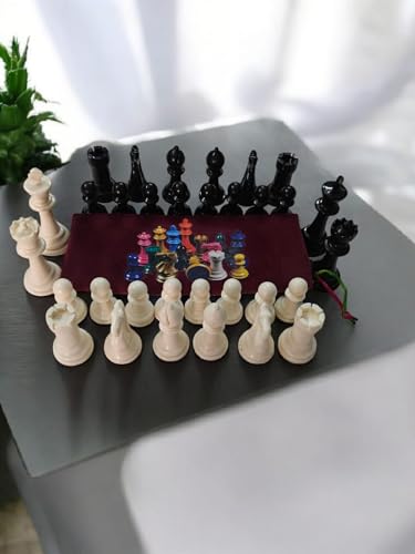 Image of Standard Chess Pieces with Valvat Pouch Which is Having Lock I Printed Valvat Pouch for Chess Pieces I Chess Pieces with Chess Bag only I Standard Tournament Pieces