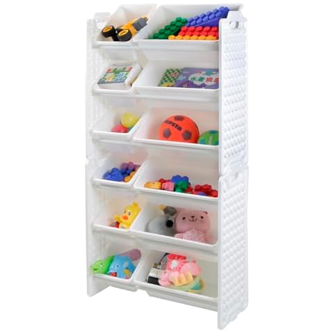 UNiPLAY 6 Tier Toy Storage Organizer with 12 Removable Bins, Re-Configurable Base, Multi-Functional for Books, Building Blocks, School Materials, Toys, or Garage Storage with Baseplate Board Frame Cover
