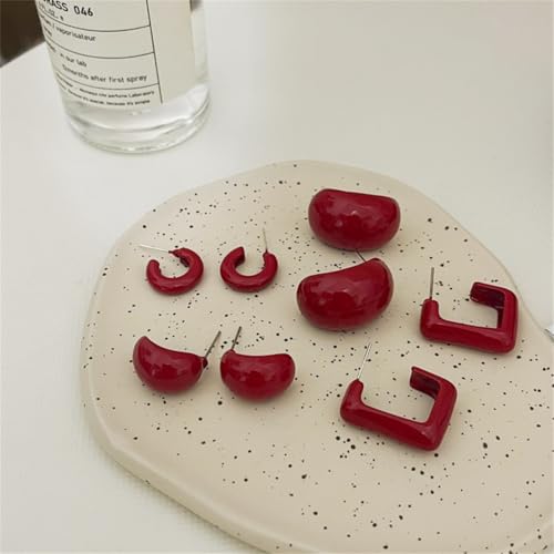 ASHMITA 4 PCS Red Alloy Lacquer Set Earrings Acrylic Resin C Shape Open Hoop Earrings Jewelry for Women4