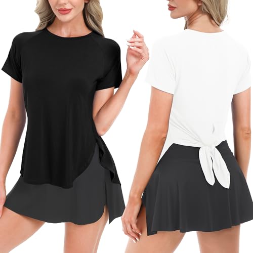 La Mejor Lista de Ropa de Netball para los mejores 5. 49 BIG ELEPHANT - Playera Deportiva de 2 Piezas para Mujer, Cuello Redondo Casual para Entrenamiento, Yoga con Abertura Lateral y diseño de Cola de Golondrina