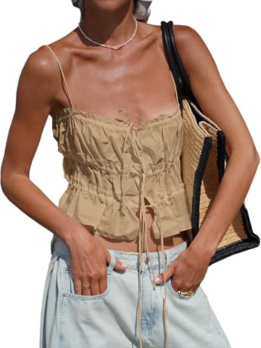 Image of Tankaneo Womens Summer Tie Front Crop Tops Cute Ruffle Ruched Spaghetti Strap Tank Tops Y2K Going Out Shirts