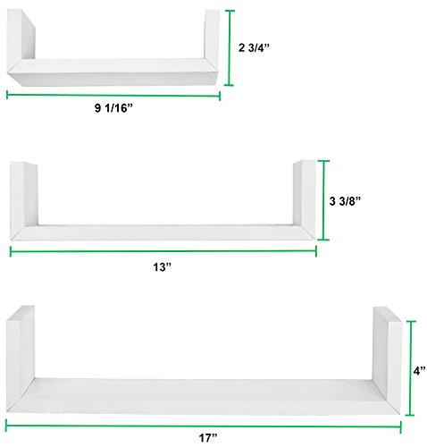 Greenco Set of 3 Floating U Shelves, White Finish