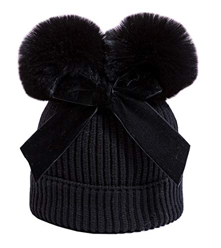 Image of YATEEN Infant Toddler Baby Knitting Woolen Hat Winter Warm Double Pompom Beanie Cap with Bow