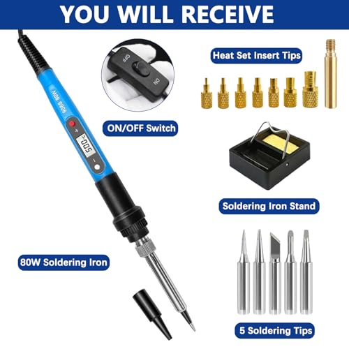 Soldering Iron Heat Set Insert Tool, 80W 110V LCD Digital Soldering Welding Iron Kit with Iron Tips and Heat Set Insert Tips, 16-in-1 Adjustable Temperature 180-500℃ Solder Kit, Blue