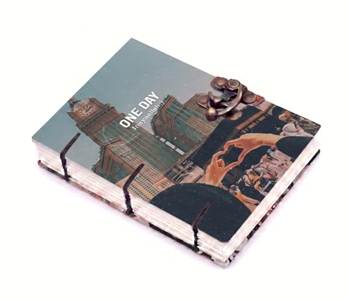 Image of 'One Day Insyaallah' Spiritual A5 Journal - Handmade Makkah Clock Tower Diary with Antique Metal Lock, 200 Unruled Pages, Hardcover Hand-Stitched Notebook for Hajj, Umrah & Daily Dua