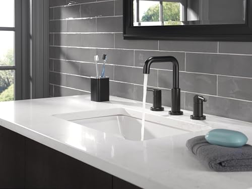 Image of Delta Nicoli Matte Black Bathroom Faucet 3 Hole, 8 Inch Widespread Bathroom Sink Faucet for Vanity, Push-Pop Drain Assembly, Matte Black 35849LF-BL