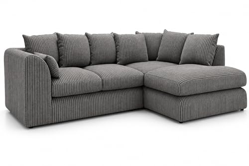 Gamzo Outlet Corner Sofa Right Hand Facing 4 Seater | Jumbo Cord L Shaped Sofa with Deep Filled Scatter Back Cushions | Soft Fabric Couch for Living Room Grey