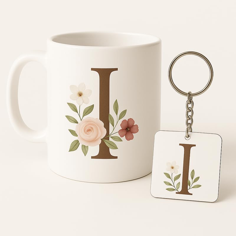 Image of Letter I Mug and Keychain Set - Elegant Floral Monogram Gift for Her /Him - Coffee Cup and Key Ring with Initial I - Coffee Mug for Everyone Any Occasion 4646 9