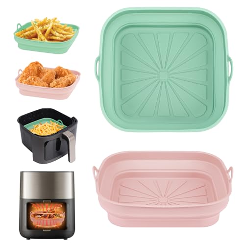 Alyvisun Moldes Silicona Freidora de Aire, 2 Piezas Bandeja Accesorios para Freidora sin Aceite Reutilizable Recipientes Cuadrado Cesta Utensilios para Air Fryer, Microondas, Horno (Rosa+Verde)