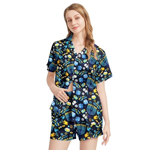 Image of Funny Satin Pajamas Set for Women Button Down Sleepwear Print Pjs Set 2 Piece Short Sleeve Loungewear Gift for Women