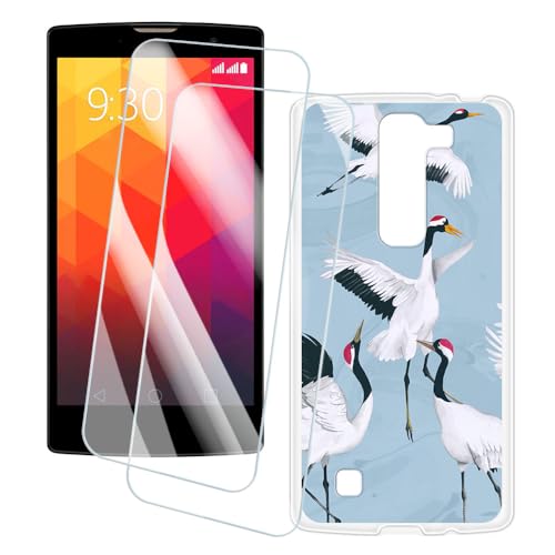 OAGELIM 2 Pack Screen Protector + Case Compatible with LG G4 Mini (5 inch) Case Artistic Cover and Tempered Glass Film Anti-Scratch (Crane)