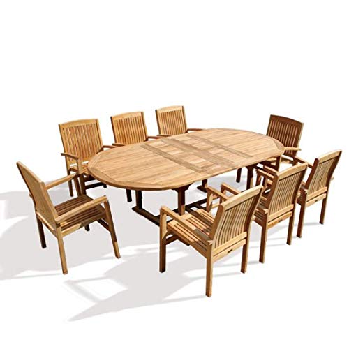 Bayview Patio New 9Pc Grade-A Teak Outdoor Dining Set-95"X40" Oval 2 Extension Table + 8 Verona Stacking Chairs with Cushions