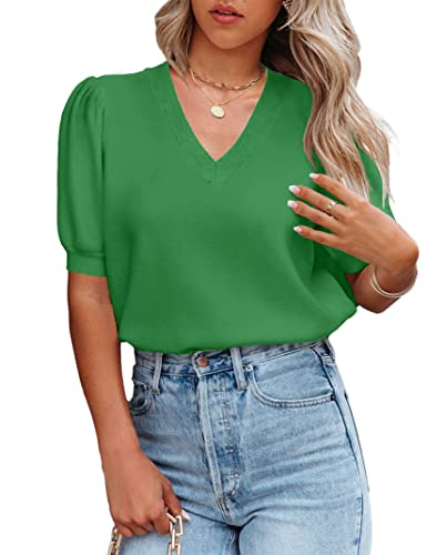 Image of Womens Puff Short Sleeve Sweater Tops Crewneck Basic Knit Pullover Lightweight Solid Casual Sweaters