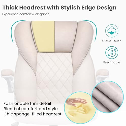 Brick Attic Office Chair - Executive Office Chair with Wheels, Ergonomic Home Office Desk Chairs, Comfortable Suede Leather Office Chair with Flip Up Armrests, Swivel Rolling Computer Desk Chair Beige - Thumbnail 4