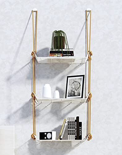 Image of Meshable Weebill 3-Tier Wall Hanging Metal Wall Shelf with Jute Rope, Home Decor Wall Shelves and Storage Racks with Elegant Design Ideal for for Balcony and Terrace, Standard Size - White