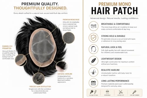 Image of Euphoria PREMIUM MONO Hair Patch for Men | 100% Natural Human Toupee | Durable PU Border System | Non-Surgical Replacement Wig | Install with Tape, Clips or Glue | (Black, 10x7)